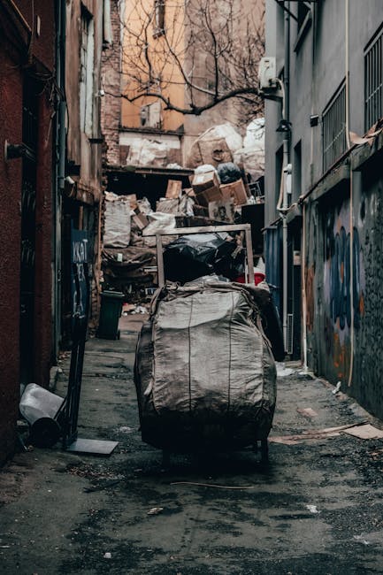 A narrow, urban alleyway filled with accumulated rubbish and debris, with a large black garbage bag prominently in the foreground amid a scattered collection of discarded items. Behind the bag, pallets and piles of cardboard boxes, paper, and other waste materials are stacked haphazardly against a backdrop of weathered brick walls and graffiti-covered surfaces. The alley is bordered on the right by a grey building with metal security bars over window openings, while on the left, a rusty, dark-toned structure leans into the space. A small trash bin and miscellaneous refuse lie on the ground to the left, with some debris strewn across the uneven, stained pavement. Bare tree branches extend over the alley, hinting at an outdoor setting possibly nearby residential or commercial buildings. The scene appears to be a collection point for waste awaiting removal, illustrating the need for proper rubbish clearance, which companies like Rubbish Removal Maida Vale offer as an alternative to public or municipal waste disposal methods.